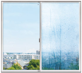右：高断熱ガラス「スペーシア」と左：一枚ガラス製品の同条件比較イメージ